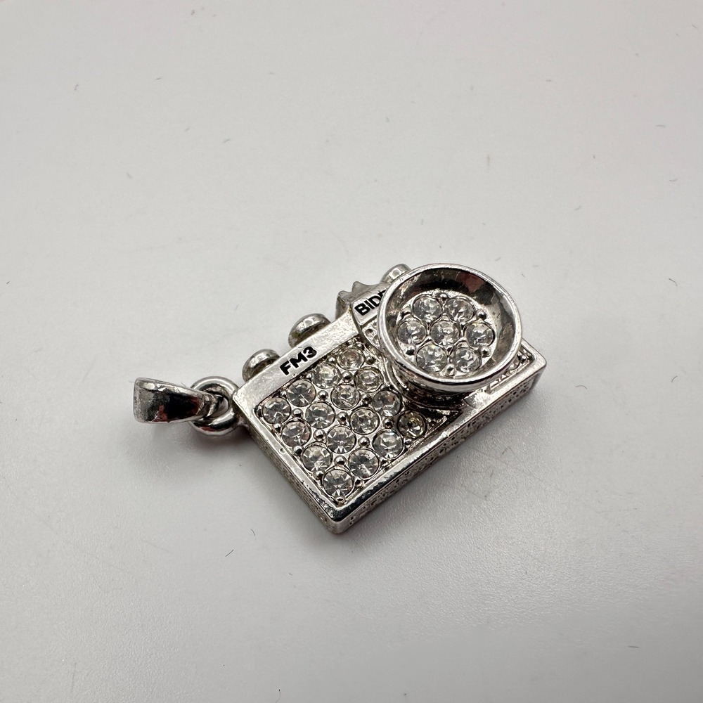 Vintage 90s Bidel FM3 Silver Tone Camera Pendant Rhinestone Jewelry Boho